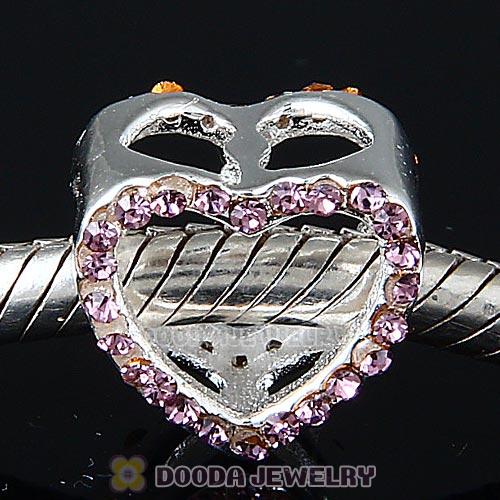European Sterling Silver Heart Beads with Light Amethyst Austrian Crystal