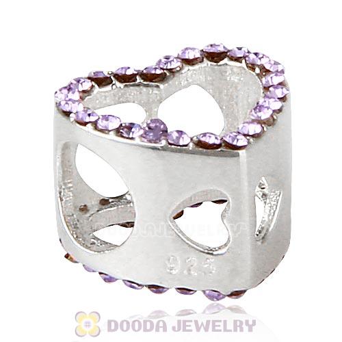 European Sterling Silver Heart Beads with Violet Austrian Crystal