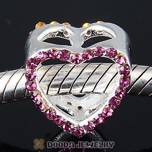 European Sterling Silver Heart Beads with Amethyst Austrian Crystal