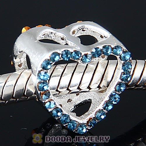 European Sterling Silver Heart Beads with Montana Austrian Crystal