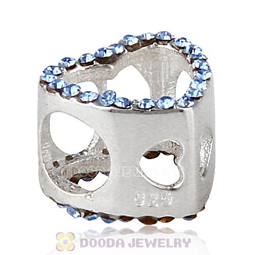 European Sterling Silver Heart Beads with Light Sapphire Austrian Crystal