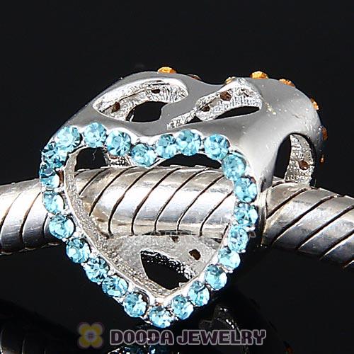 European Sterling Silver Heart Beads with Aquamarine Austrian Crystal