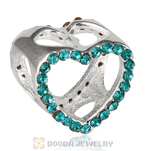 European Sterling Silver Heart Beads with Blue Zircon Austrian Crystal