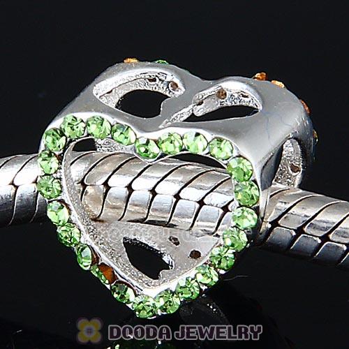 European Sterling Silver Heart Beads with Peridot Austrian Crystal