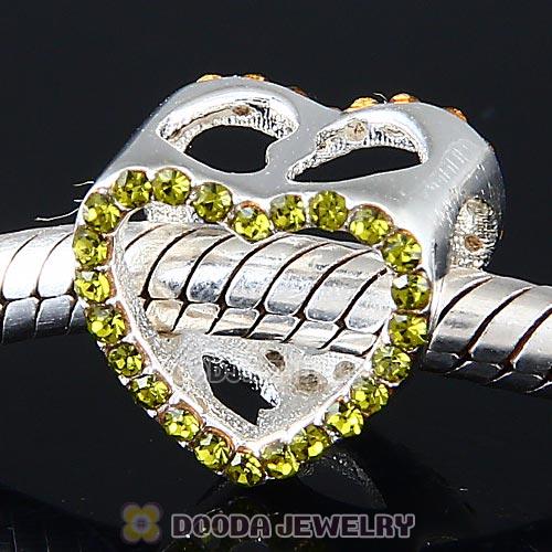 European Sterling Silver Heart Beads with Olivine Austrian Crystal