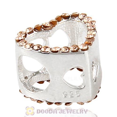 European Sterling Silver Heart Beads with Light Peach Austrian Crystal