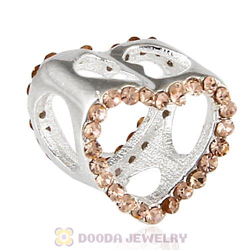 European Sterling Silver Heart Beads with Light Peach Austrian Crystal