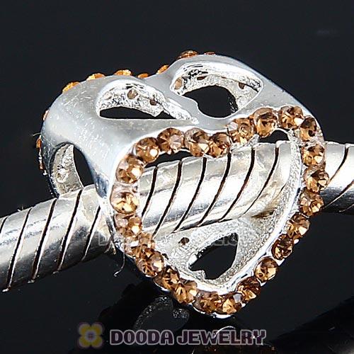 European Sterling Silver Heart Beads with Smoked Topaz Austrian Crystal