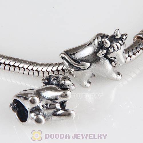 Antique Sterling Silver Cute Cow Charm Beads European Style