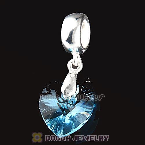 European Sterling Silver Dangle Aquamarine Heart Austrian Crystal Charm