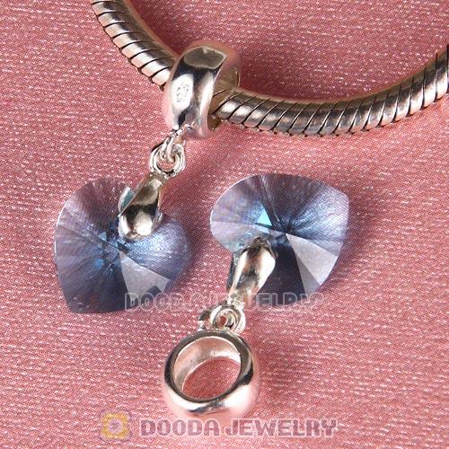 European Sterling Silver Dangle Aquamarine Heart Austrian Crystal Charm