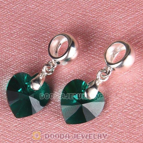 European Sterling Silver Dangle Emerald Heart Austrian Crystal Charm
