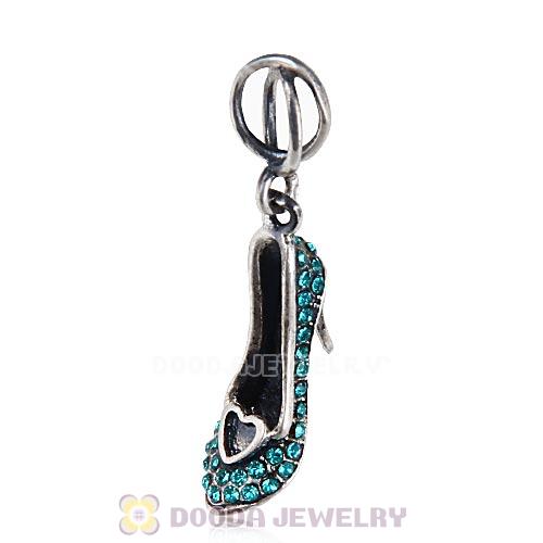 Sterling Silver Cinderella Slipper Dangle Beads with Blue Zircon Austrian Crystal