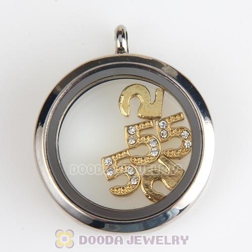 Gold Plated Alloy Number 5 with Crystal Floating Locket Charms Wholesale