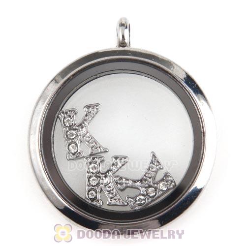 Platinum Plated Alloy Letter K with Crystal Floating Locket Charms Wholesale