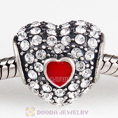 European Sterling Clear Pave Enamel Heart With Clear Austrian Crystal Charm