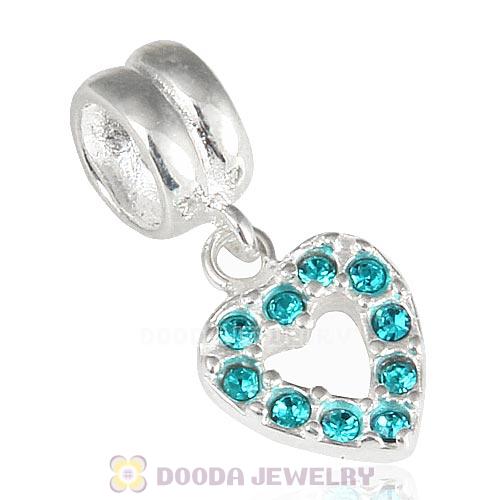 Sterling Silver Heart Dangle Charms with Blue Zircon Austrian Crystal