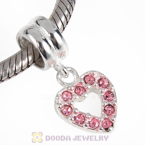 Sterling Silver Heart Dangle Charms with Light Rose Austrian Crystal