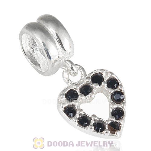 Sterling Silver Heart Dangle Charms with Jet Austrian Crystal