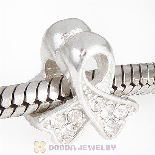 Sterling Silver Ribbon Lung Cancer Bead with Clear Austrian Crystal