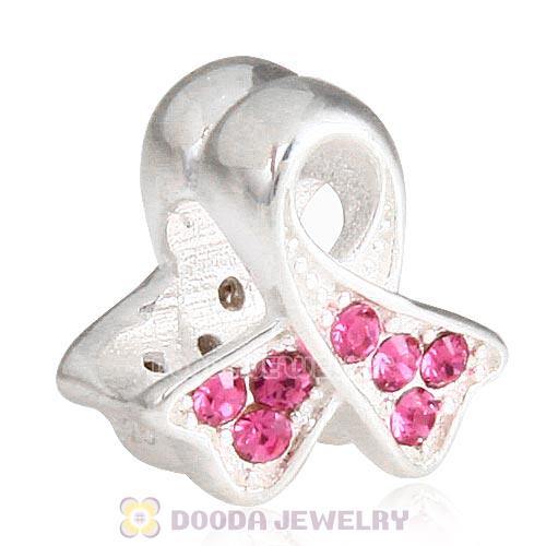 Sterling Silver Ribbon Lung Cancer Bead with Rose Austrian Crystal