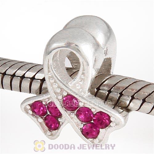 Sterling Silver Ribbon Lung Cancer Bead with Fuchsia Austrian Crystal