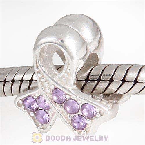 Sterling Silver Ribbon Lung Cancer Bead with Violet Austrian Crystal