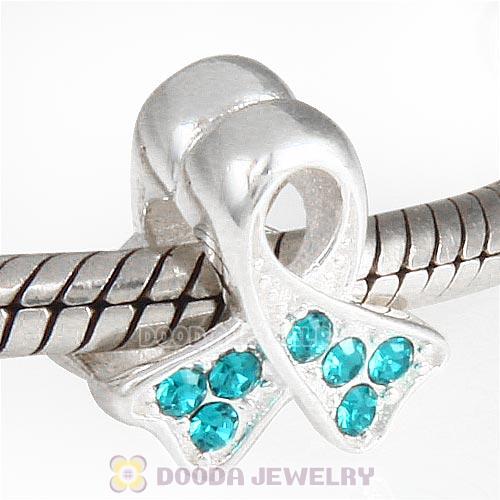 Sterling Silver Ribbon Lung Cancer Bead with Blue Zircon Austrian Crystal