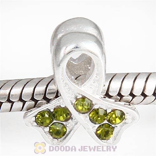 Sterling Silver Ribbon Lung Cancer Bead with Olivine Austrian Crystal