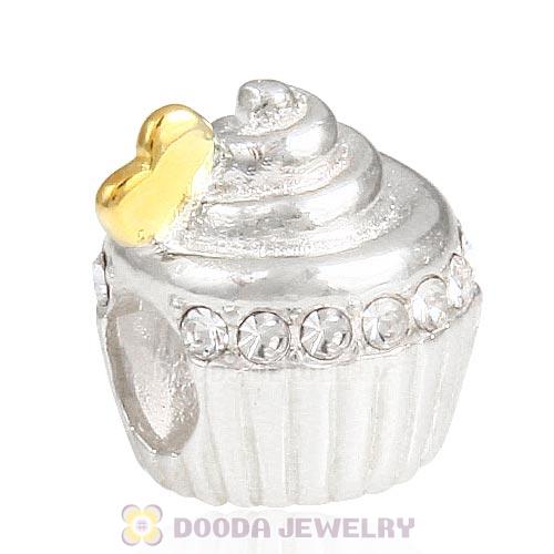 Sterling Silver Golden Heart Cupcake Bead with Clear Austrian Crystal