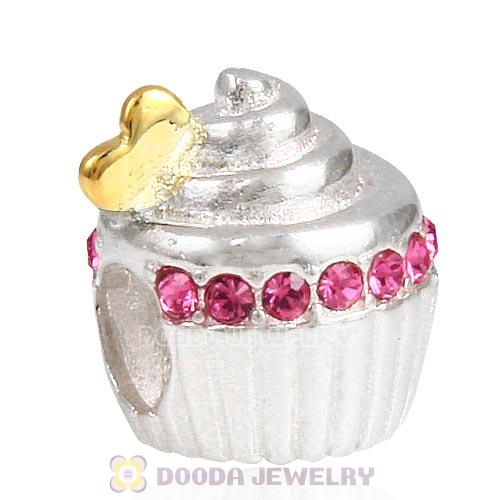 Sterling Silver Golden Heart Cupcake Bead with Rose Austrian Crystal