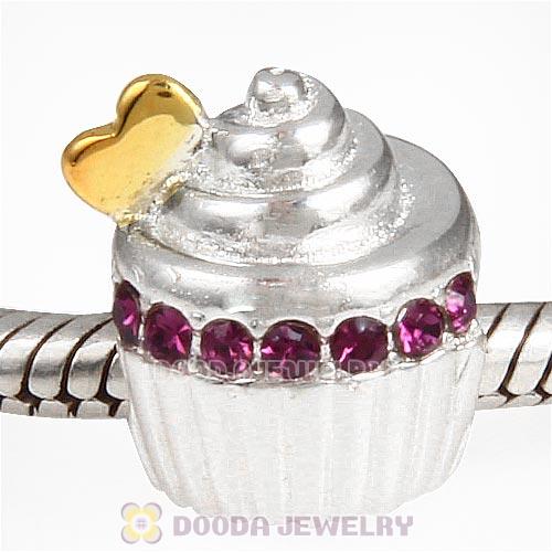 Sterling Silver Golden Heart Cupcake Bead with Amethyst Austrian Crystal