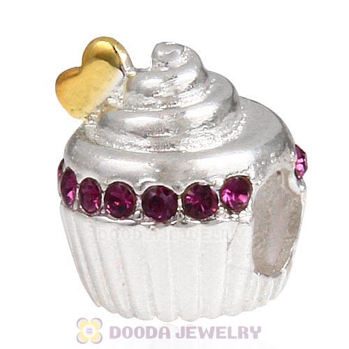 Sterling Silver Golden Heart Cupcake Bead with Amethyst Austrian Crystal