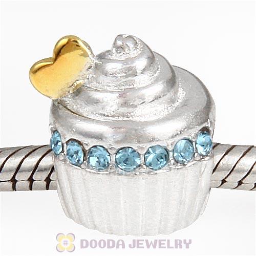Sterling Silver Golden Heart Cupcake Bead with Aquamarine Austrian Crystal