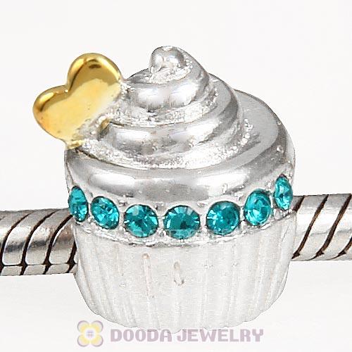 Sterling Silver Golden Heart Cupcake Bead with Blue Zircon Austrian Crystal