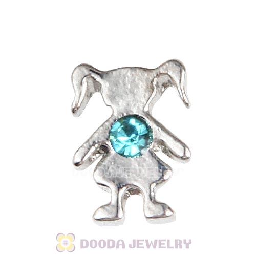 Platinum Plated Alloy Girl with Aquamarine Crystal Floating Charms