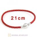 21cm Red Braided Leather Bracelet with Silver Round Clip fit European Beads