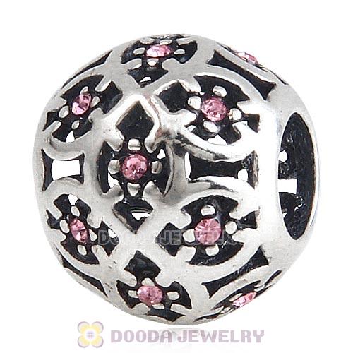 Sterling Silver Intricate Lattice Bead with Light Rose Austrian Crystal