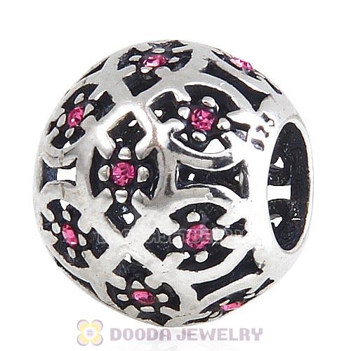 Sterling Silver Intricate Lattice Bead with Rose Austrian Crystal