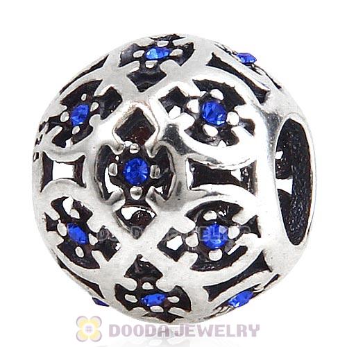 Sterling Silver Intricate Lattice Bead with Sapphire Austrian Crystal