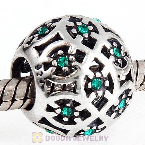 Sterling Silver Intricate Lattice Bead with Emerald Austrian Crystal