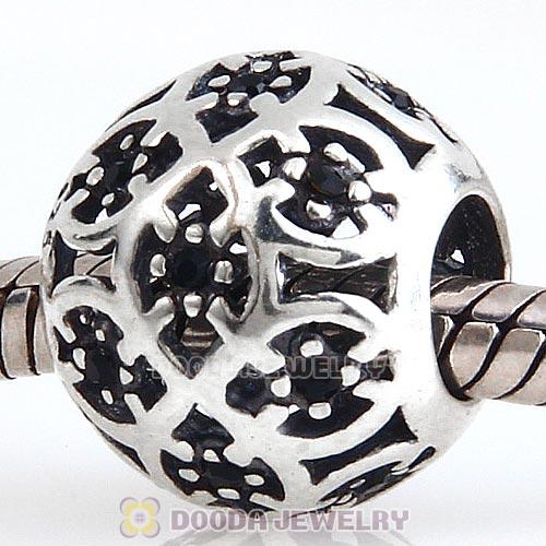 Sterling Silver Intricate Lattice Bead with Jet Austrian Crystal