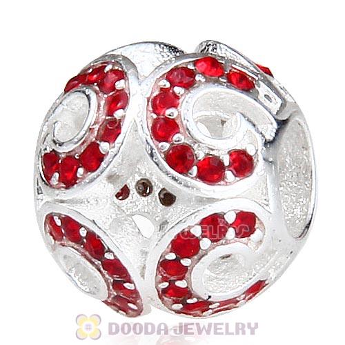 Sterling Silver Glittering Wave Bead with Light Siam Austrian Crystal