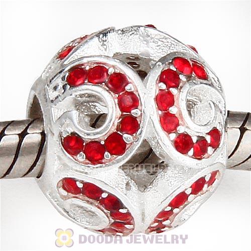 Sterling Silver Glittering Wave Bead with Light Siam Austrian Crystal