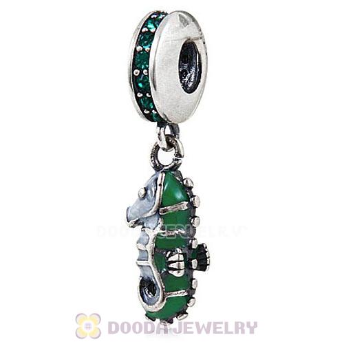Sterling Silver Dangle Tropical Seahorse with Emerald Austrian Crystal Charm