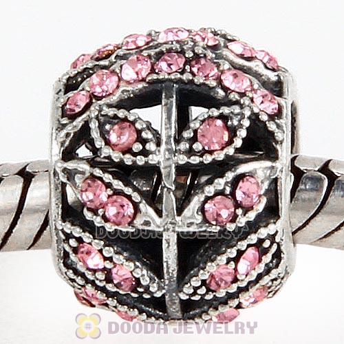 Sterling Silver Sparkling Leaves Bead with Light Rose Austrian Crystal