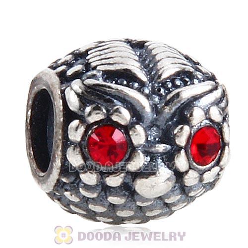 Sterling Silver Wise Owl Charm Beads with Light Siam Austrian Crystal