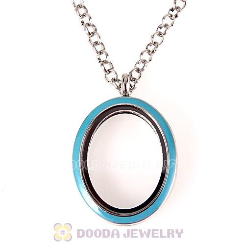 Platinum Plated Alloy Glass Floating Locket Oval Pendant Blue Face