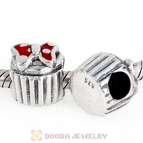 Antique Sterling Silver Cupcake Bead with Red Enamel Bowknot Charm Beads