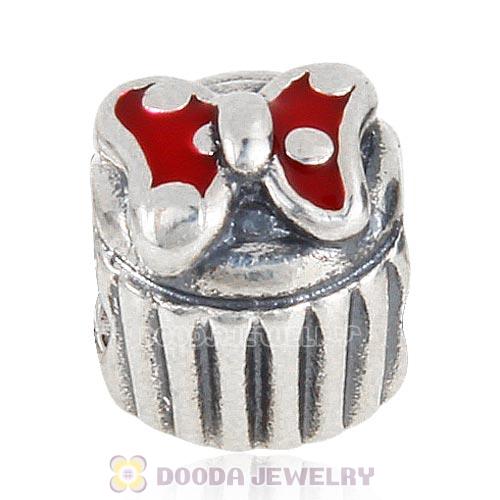 Antique Sterling Silver Cupcake Bead with Red Enamel Bowknot Charm Beads